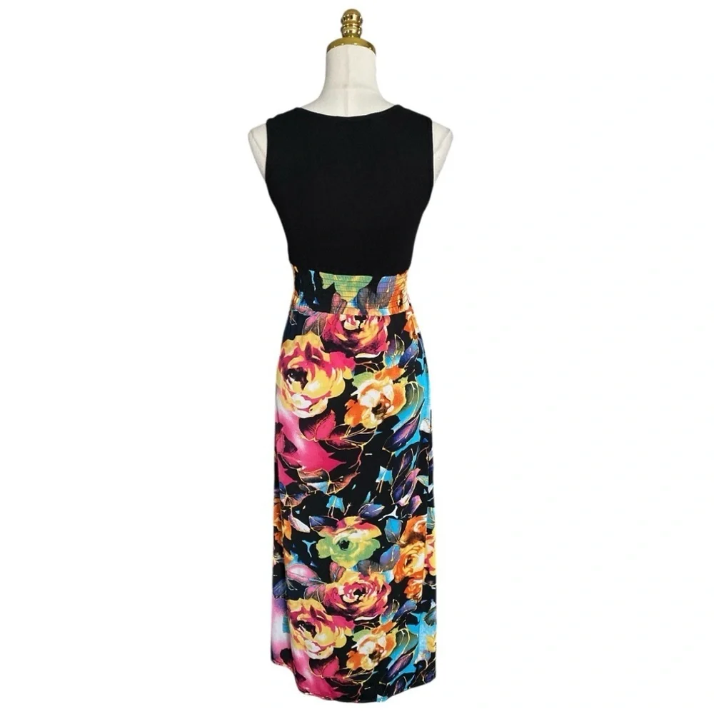Boohoo Women’s Sleeveless Colorful Floral w/ Black Bodice Flowy Maxi Dress Sz 6 - Picture 6 of 8